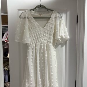 White Textured Dress with Sheer Sleeves